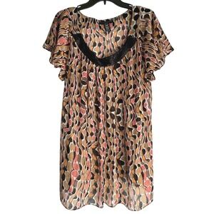 Apostrophe Woman Beaded Neck Sheer Print Plus Top Shirt 16W/18W Flutter Sleeve